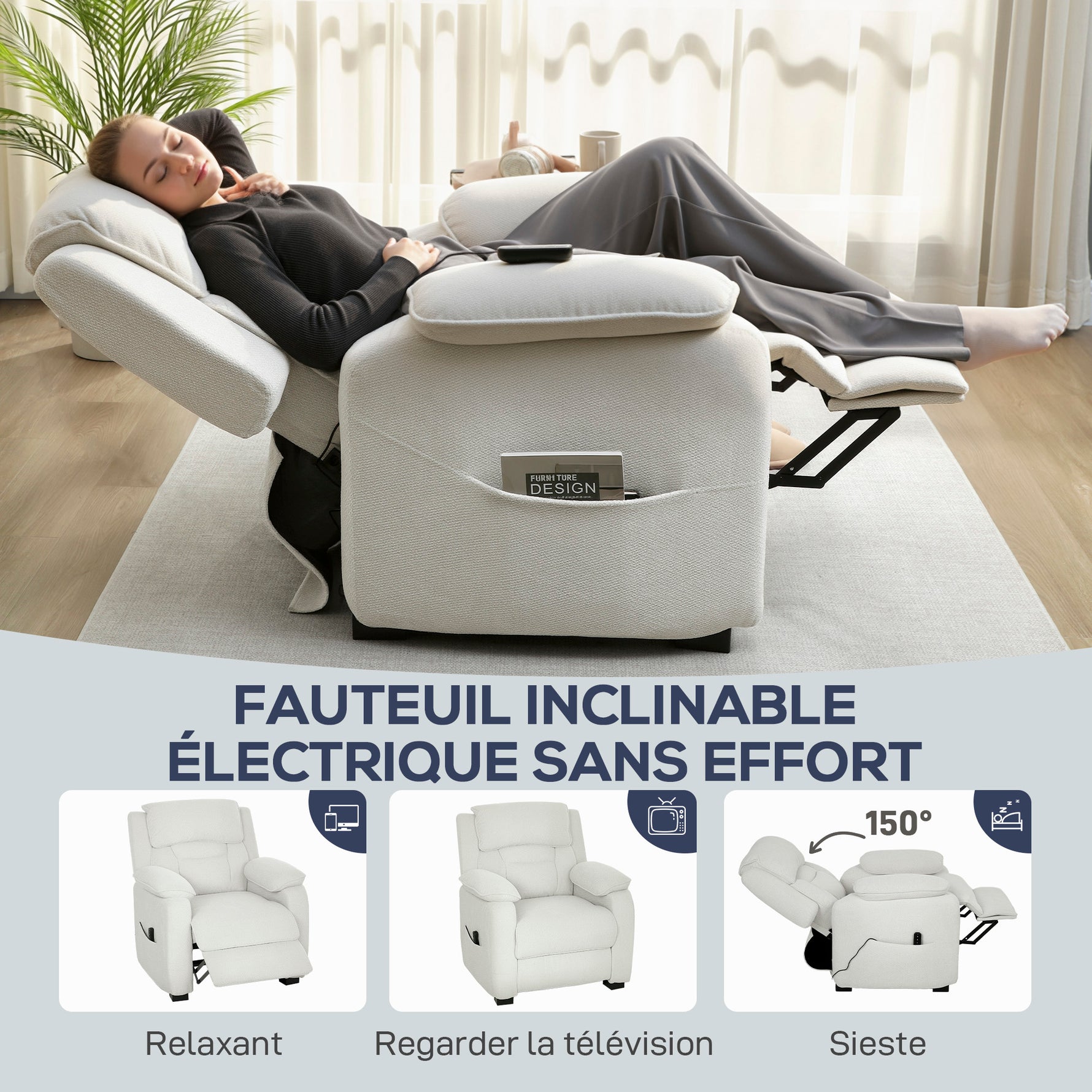 Fauteuil relax électrique fauteuil inclinable port USB repose-pieds poches latérales télécommande 86x90x103cm beige