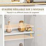 Buffet, meuble de rangement avec 3 portes, 2 tiroirs et étagère réglable, 90 x 30 x 75,5 cm, blanc et bois naturel