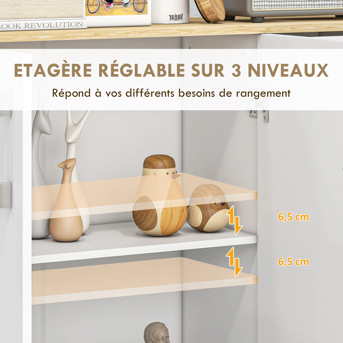 Buffet, meuble de rangement avec 3 portes, 2 tiroirs et étagère réglable, 90 x 30 x 75,5 cm, blanc et bois naturel