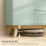 Buffet salon, meuble de rangement avec porte, 2 tiroirs, compartiment ouvert et étagère réglable, vert clair et chêne