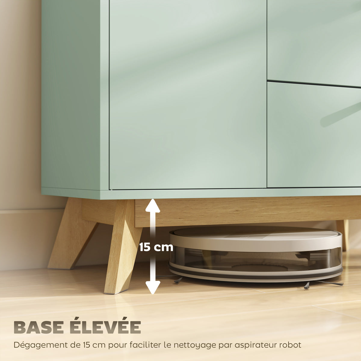 Buffet salon, meuble de rangement avec porte, 2 tiroirs, compartiment ouvert et étagère réglable, vert clair et chêne