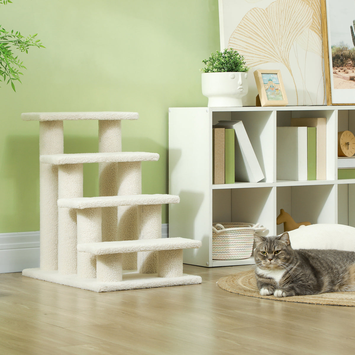 Huisdierentrap met 4 treden, bekleding met bouclé-effect, 61 x 41 x 60 cm, crème