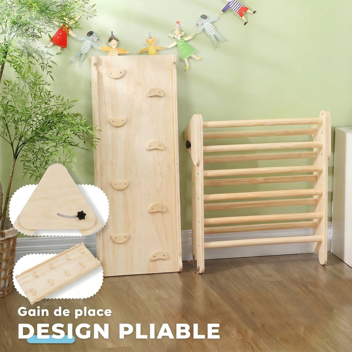 Triangle d'escalade, 3 en 1 en bois pour grimper et glisser, charge max. 50 kg, pour 18-48 mois, bois naturel