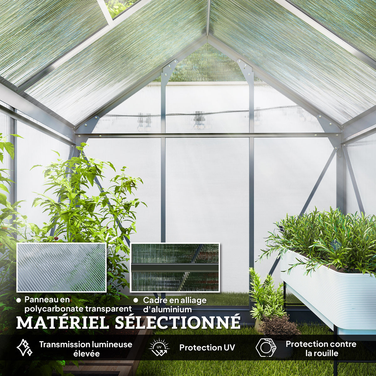 Serre de jardin polycarbonate 190 x 132 x 201 cm résistant aux UV 30+ fondation renforcé gouttière gris