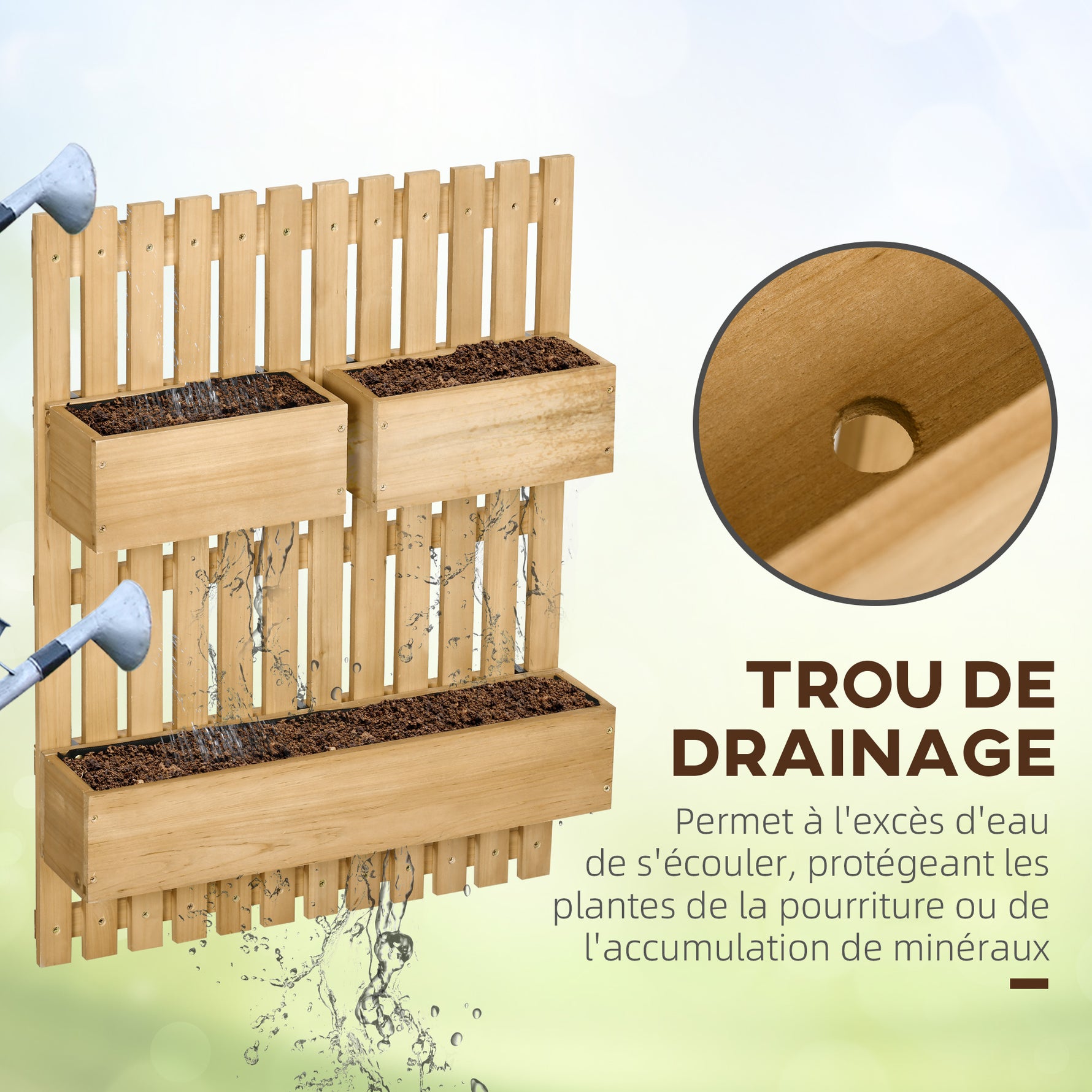 Jardinière murale potager avec 3 bacs en bois massif amovibles 60 x 16 x 80 cm
