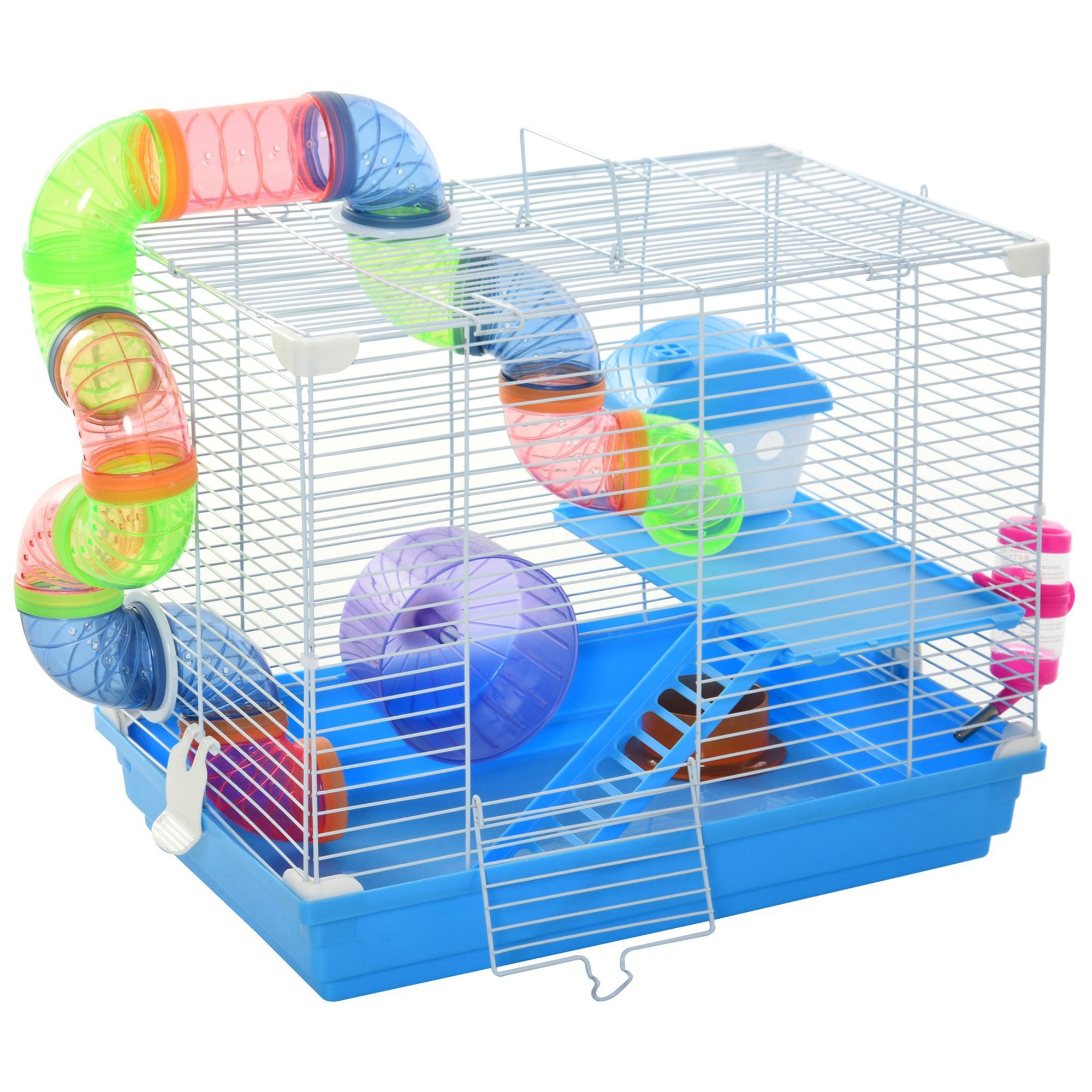 Jaula para hámster y roedor de 2 niveles con túnel, bebedero, rueda, casita y escaleras, dimensiones 46L x 30l x 37H cm, azul