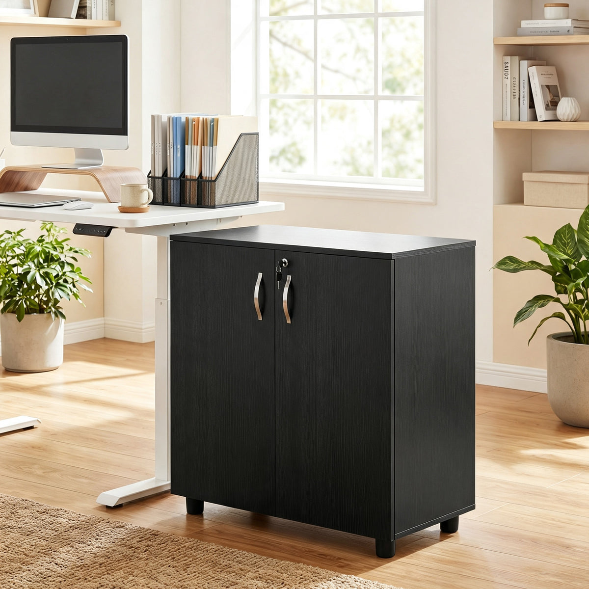 Armario de oficina de 2 niveles, mueble de almacenamiento de oficina con 2 puertas, cerraduras y llaves, 80x40x80cm, negro