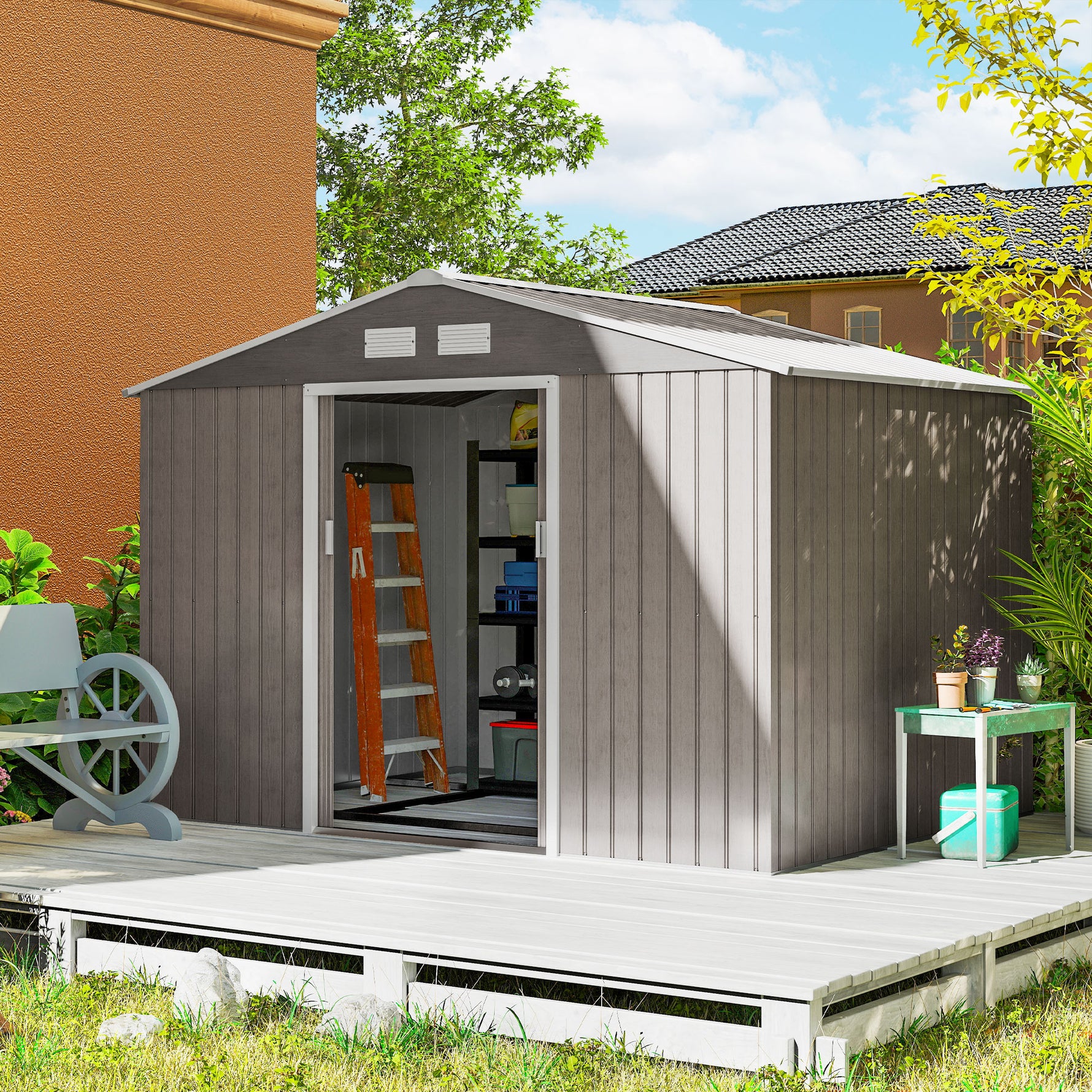 Abri de jardin 5,4 m² 2,77 x 1,95 x 1,92 m kit de fondation porte coulissante ventilations acier galvanisé, marron clair