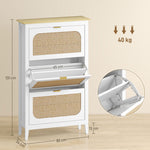 Meuble à chaussures 21 paires bohème avec 3 tiroirs rabattables, portes effet cannage rotin, 80 x 24 x 131 cm, blanc