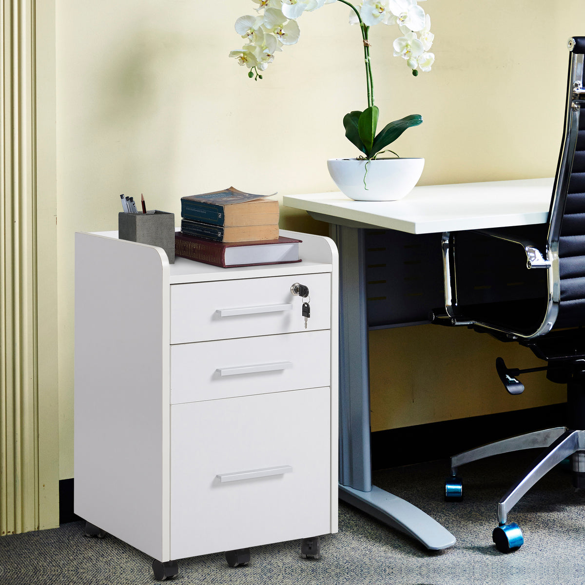 Caisson de bureau rangement bureau sur roulettes 3 tiroirs 1 verrouillable 1 trieur dossiers en bois blanc