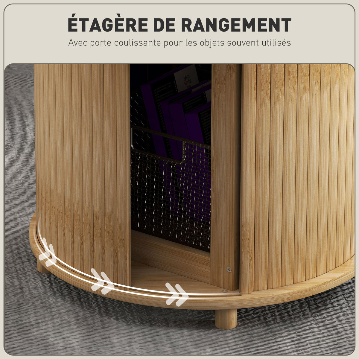 Table basse ronde table de salon en bambou avec rangement caché et porte coulissante, dim. Ø 60 x 45H cm, bois naturel-4