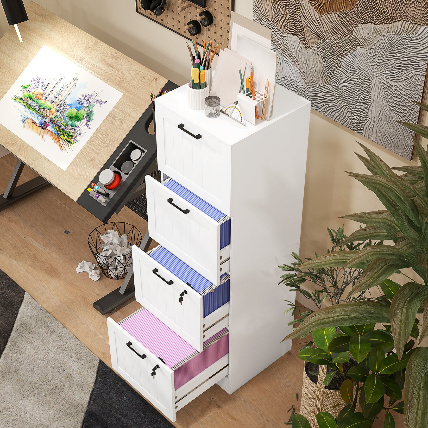 Caisson bureau, meuble rangement bois 4 tiroirs et serrure, barres de suspension réglables, 40 x 40 x 131 cm, blanc