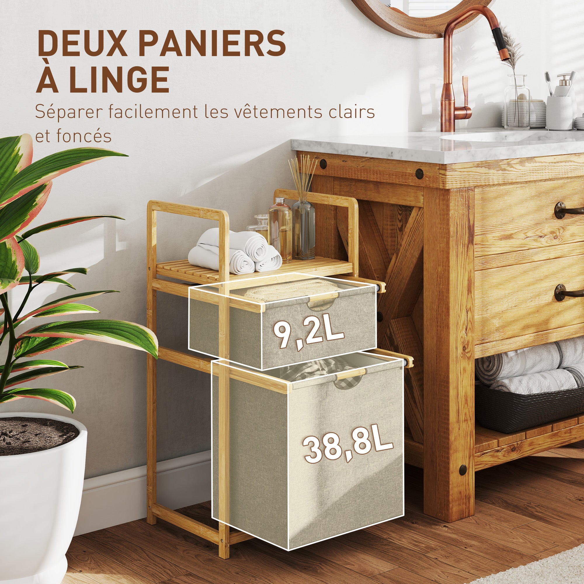 Panier à linge en bambou corbeille à linge sale avec 2 sacs en tissu coulissants et étagère à lattes, naturel