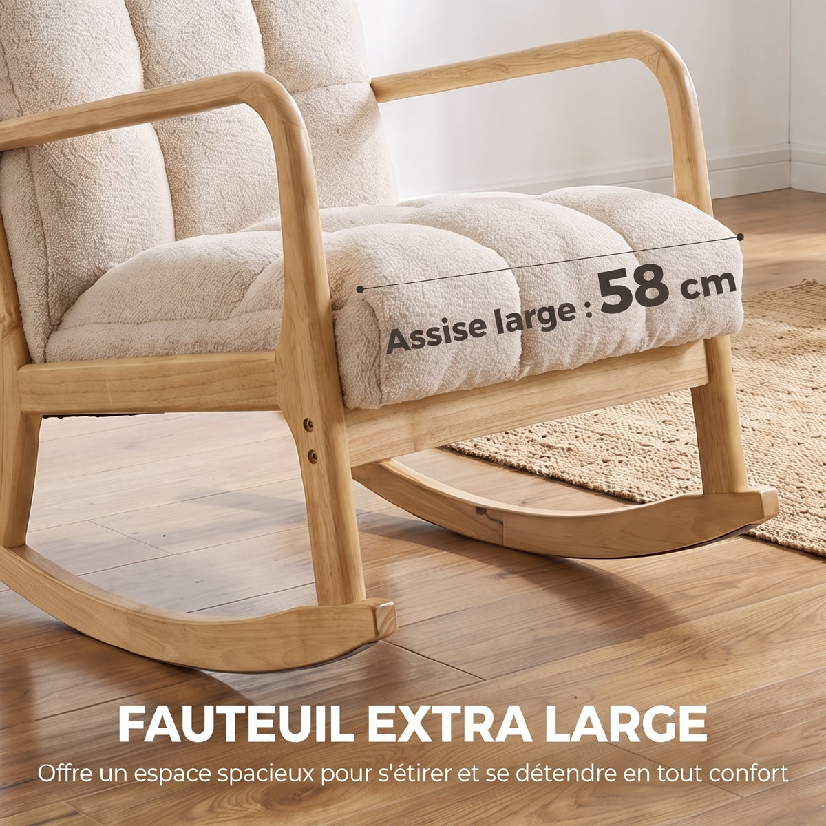 Schommelstoel met Voetensteun, Rocking Chair van Boucléstof, Houten Poten, 64,5 x 82 x 89 cm, Beige