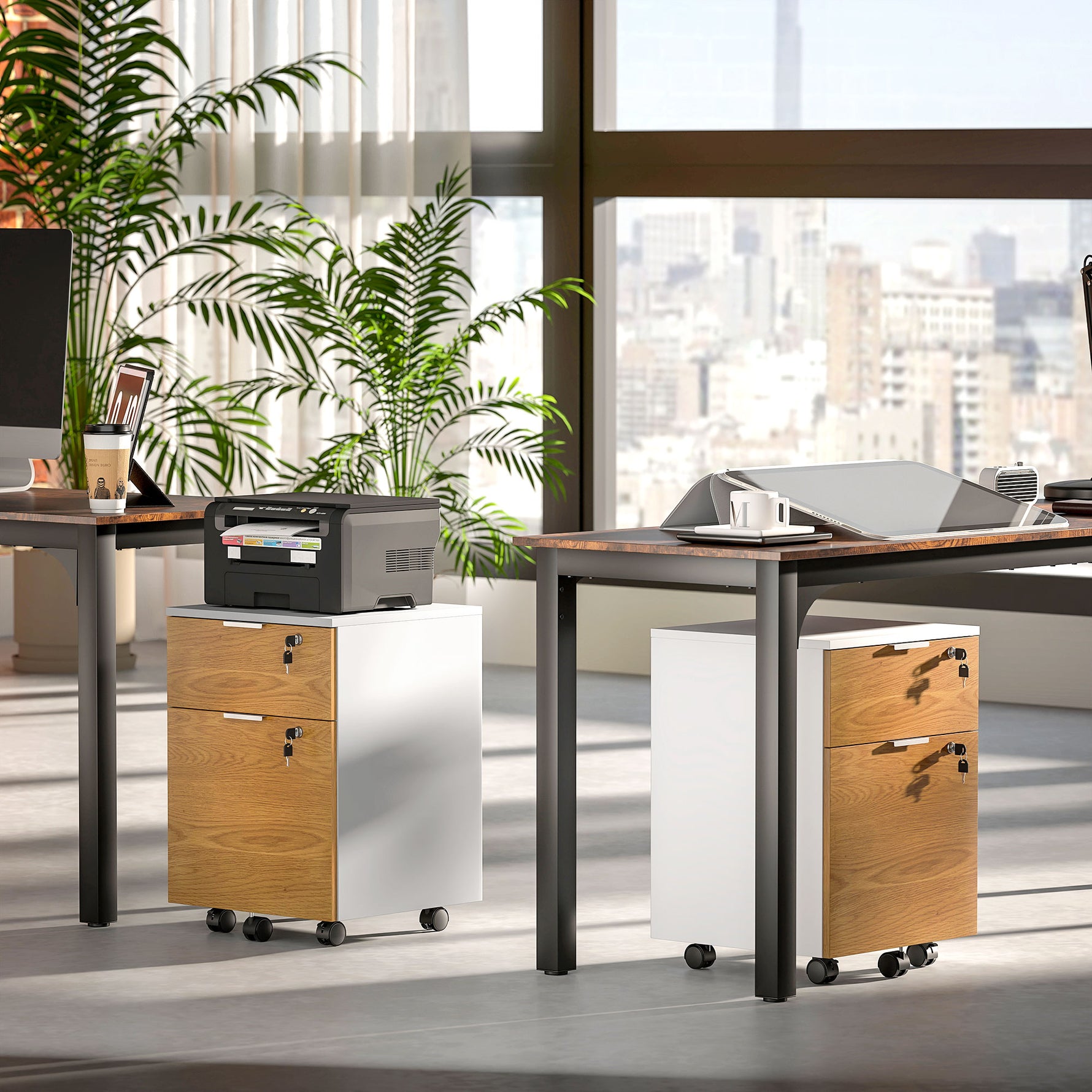 Caisson de bureau, meuble de rangement 2 tiroirs 2 barres pour dossier suspendu, verrouillable avec 2 clés 42x40x60 cm