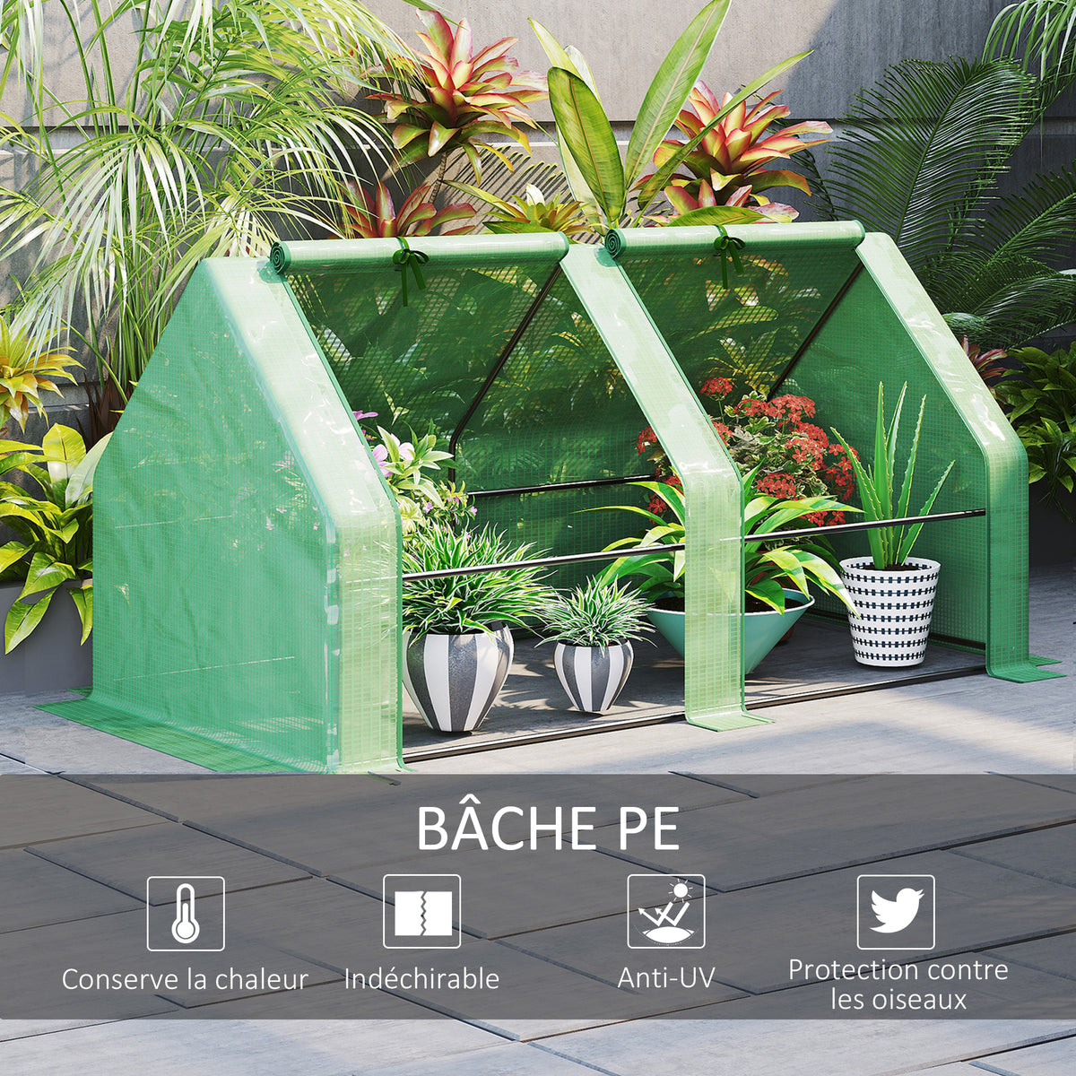 Mini Serre de Jardin Mini Serre Tunnel 180L x 90l x 90H cm Toit Pointu Acier PE Haute Densité 140 g/m² Anti-UV Fenêtres avec Zip Enroulables Vert