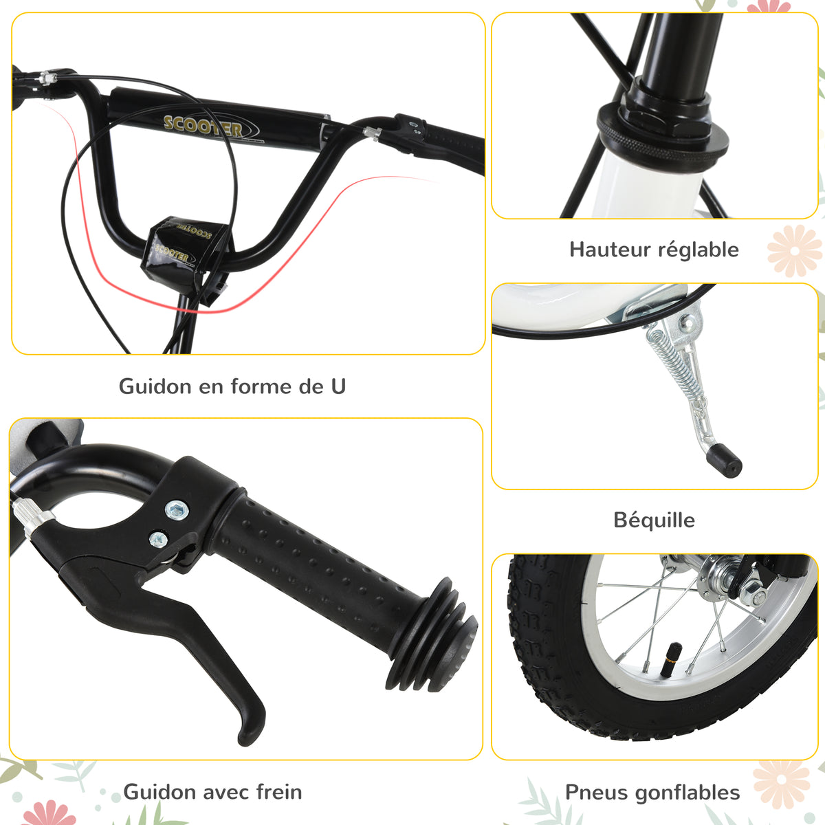 Trottinette enfants, grandes roues pneumatiques 12 pouce en caoutchouc, charge 100 kg, trottinette tout terrain avec double freins, hauteur réglable et béquille latérale, 5 à 12 ans, blanc