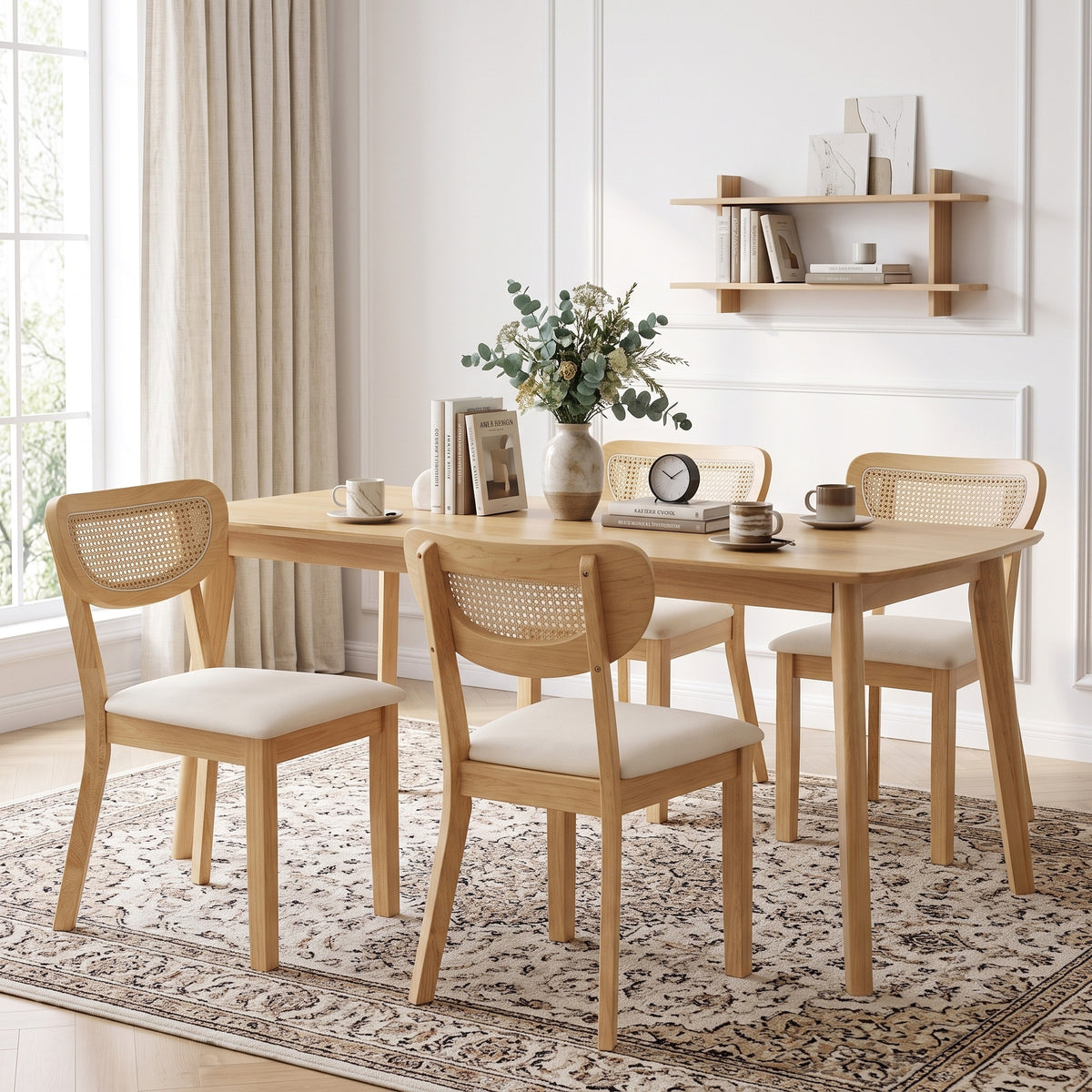 Juego de 2 sillas de comedor, sillas de cocina tapizadas en lino, respaldo con efecto ratán y patas de madera de caucho, beige
