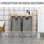 Panier à linge en bambou 2 paniers amovibles et coulissants en non-tissé 63,5 x 33 x 73 cm gris foncé
