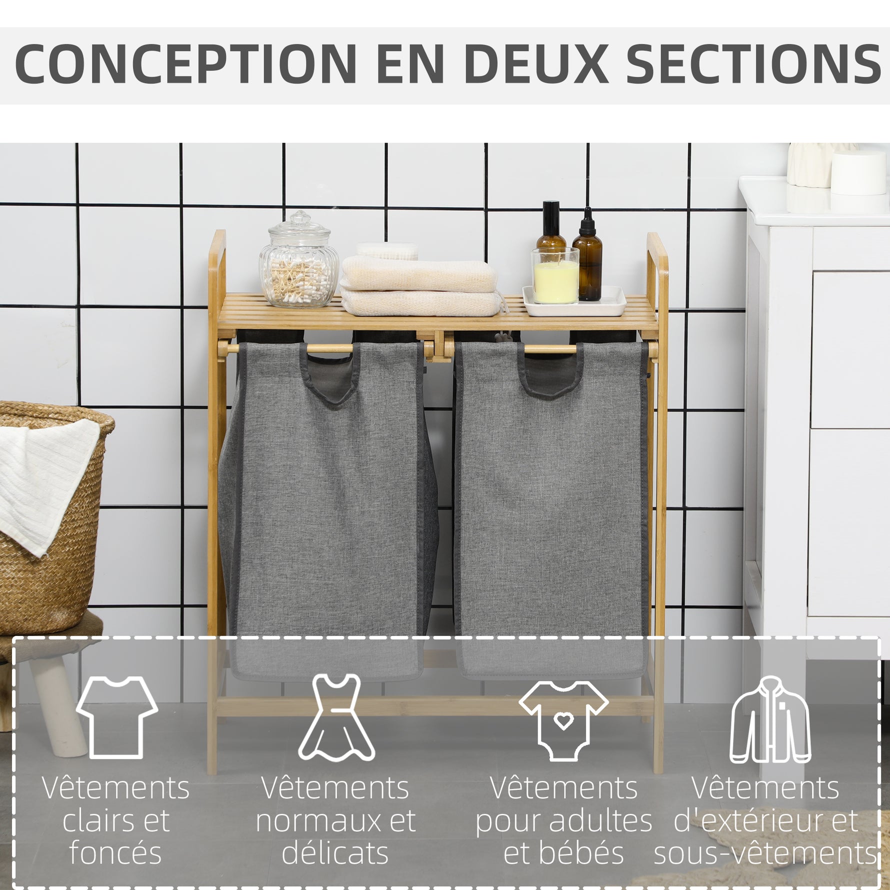 Panier à linge en bambou 2 paniers amovibles et coulissants en non-tissé 63,5 x 33 x 73 cm gris foncé