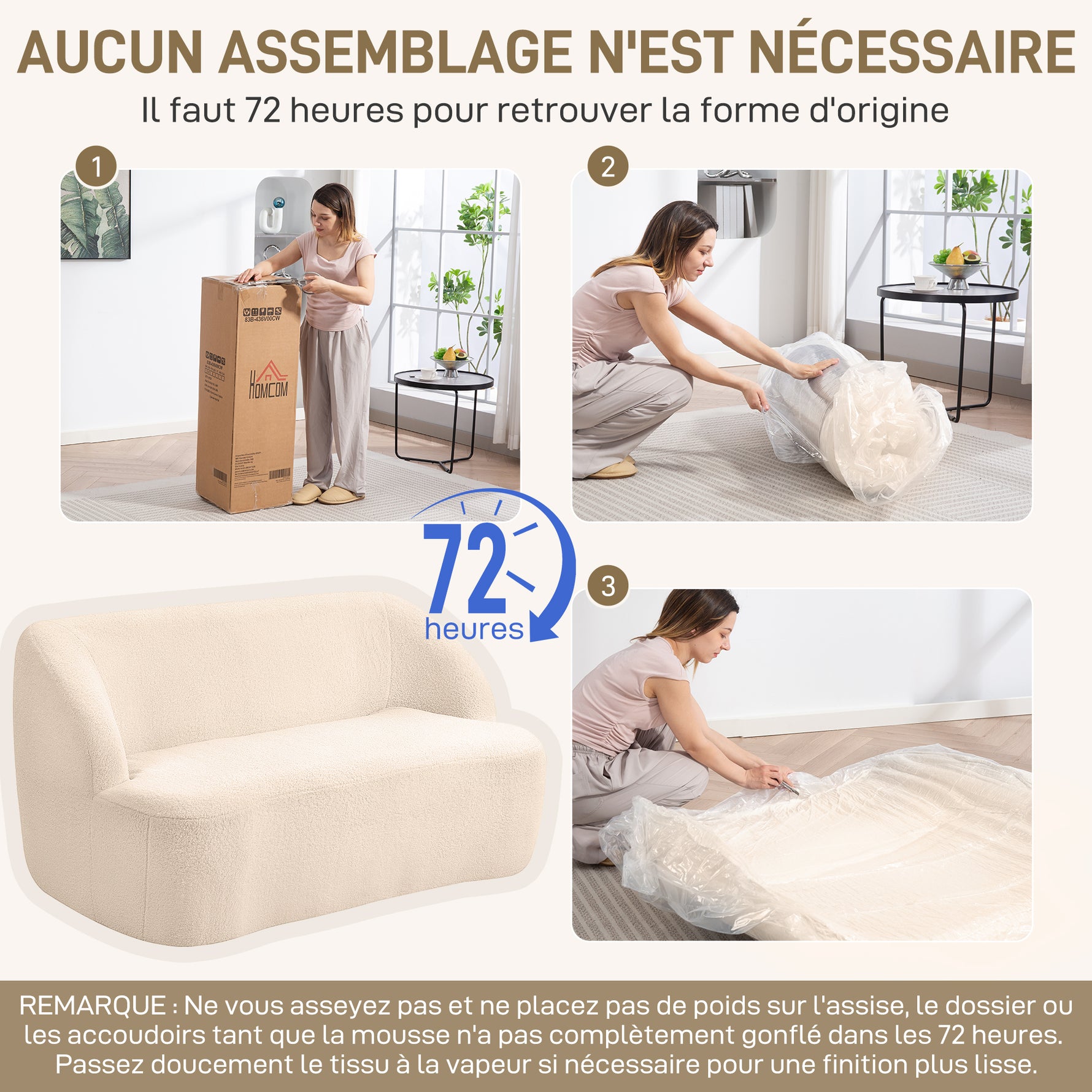 Canapé 2 places canapé en tissu bouclette 142 cm avec dossier et assise incurvés, aucun assemblage requis, beige