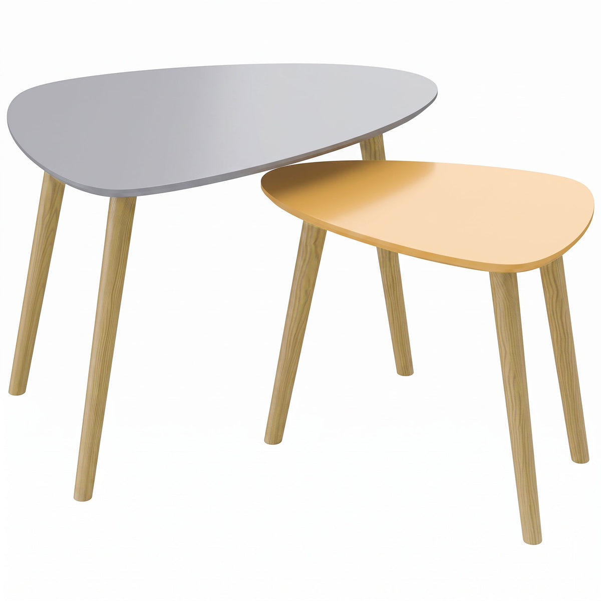 Lot de 2 tables basses gigognes design scandinave pieds en bois et plateau en bois, gris et jaune