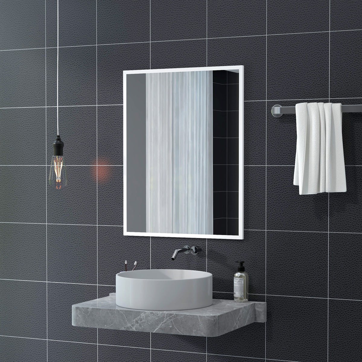 Miroir mural rectangulaire 90 x 70 cm, cadre en bois blanc, idéal pour la salle de bain, salon ou chambre
