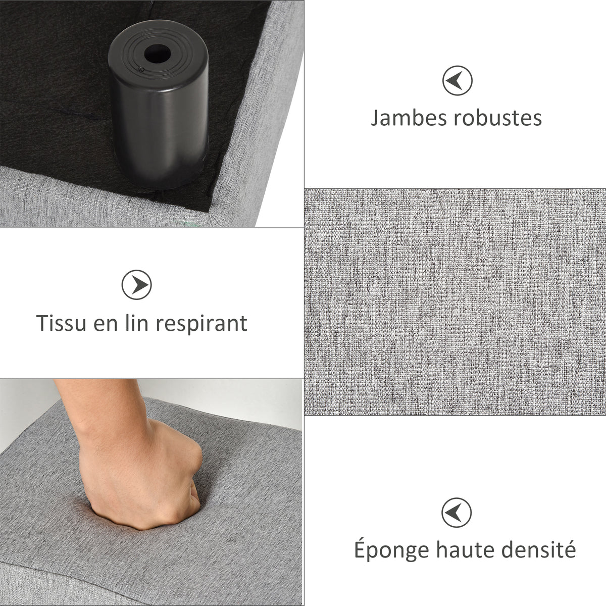 Lot de 2 poufs repose-pied tabouret bas en tissu de lin capacité de charge 150 Kg 40 x 30 x 24 cm gris