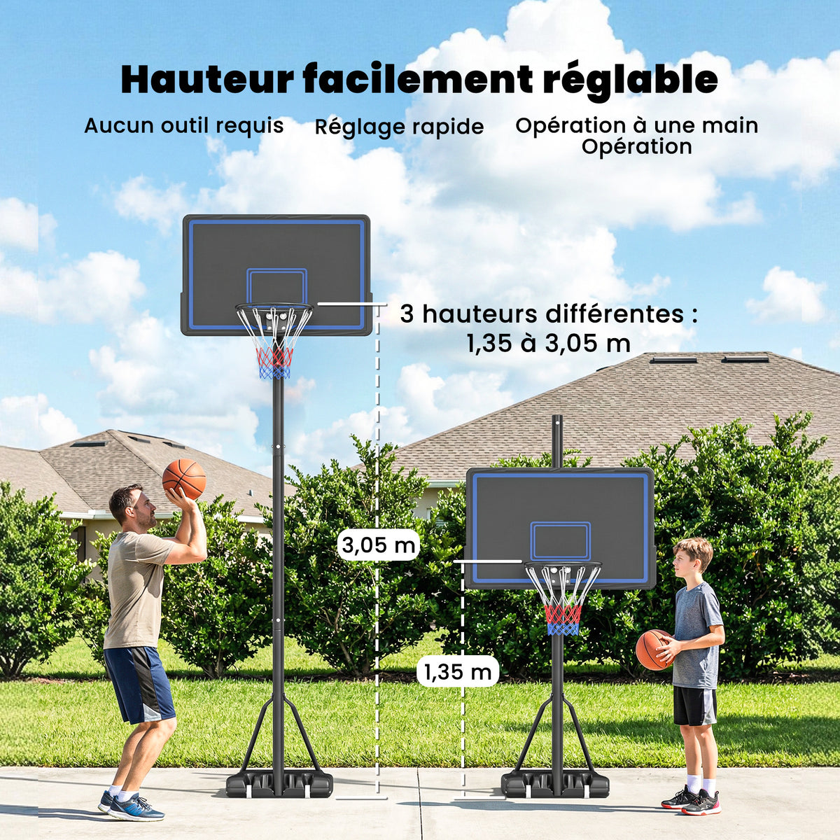 Panier de Basketball sur Pieds avec Hauteur Réglable de 1,35 à 3,05 m avec Roues, Base de Lestage et Sac de Sable, Bleu