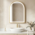 Armario de pared para baño con espejo e iluminación LED, puerta arqueada, antivaho, 50x14,5x70cm, dorado