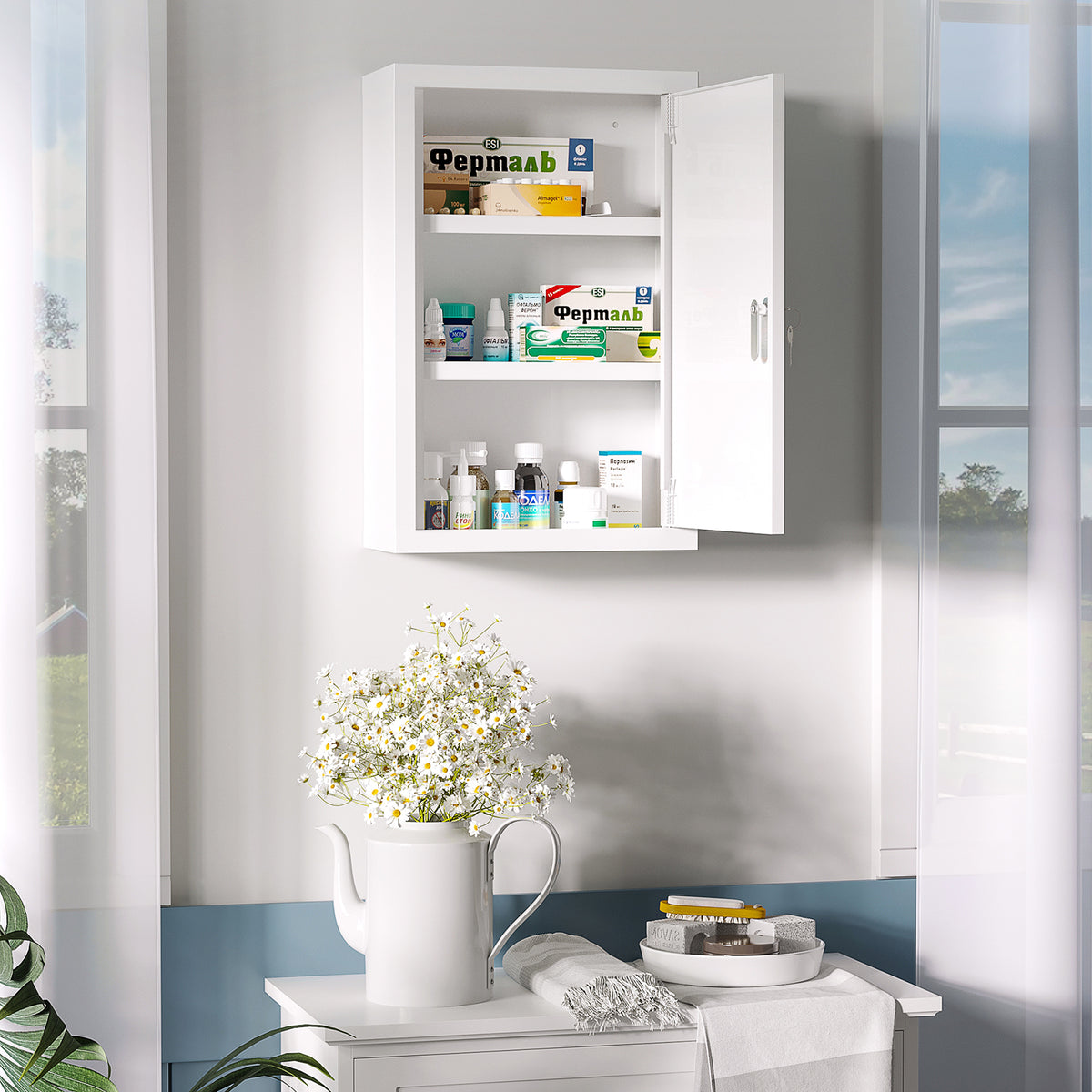 Armoire à pharmacie murale en acier, armoire à médicaments à 3 niveaux porte verrouillable 2 clés, 30x14x46cm, blanc