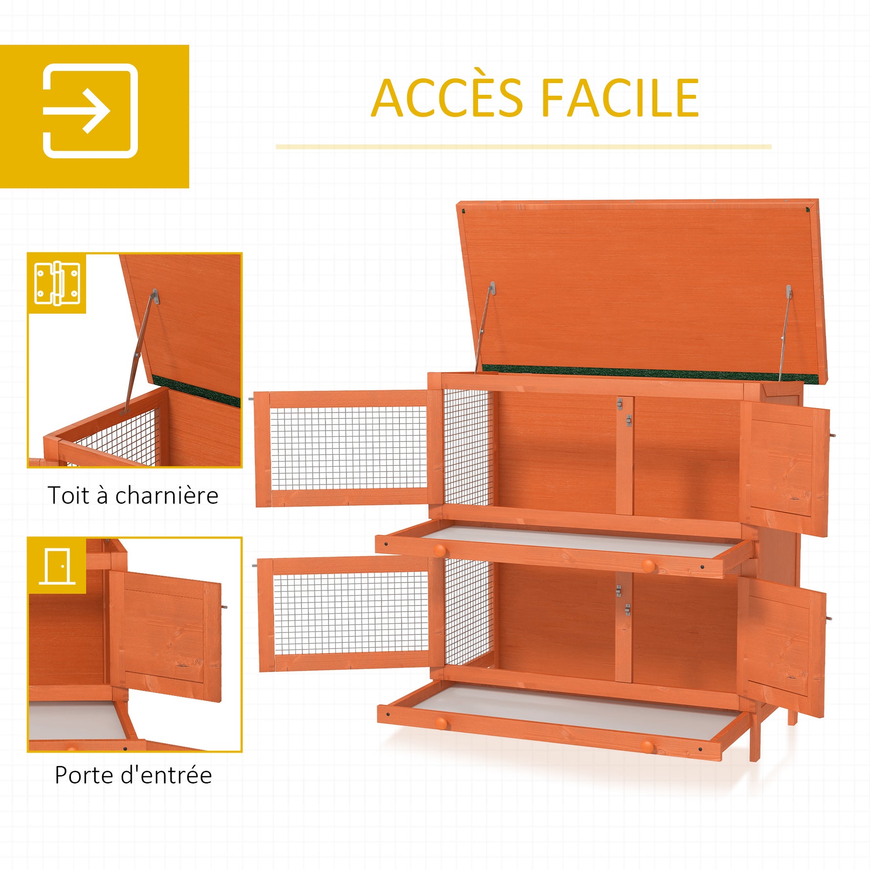 Clapier à lapin cage à lapin double niveau plateaux coulissants 4 portes verrouillables toit ouvrant 90L x 45l x 90H cm
