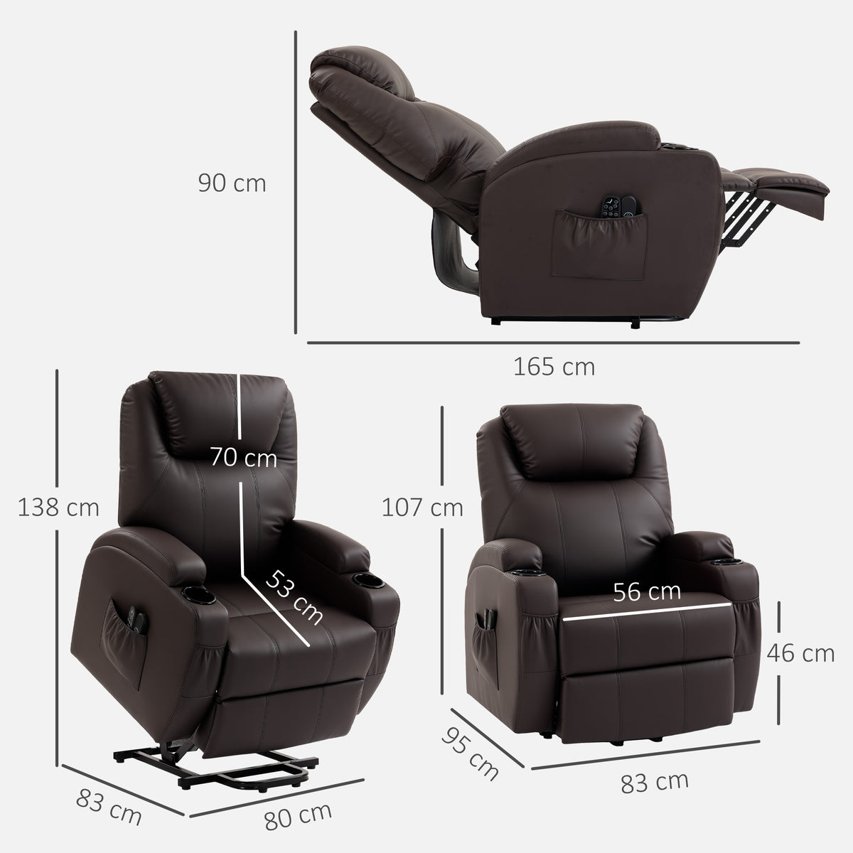 Fauteuil releveur électrique, fauteuil relax électrique, repose-pied, dossier inclinable, port USB, 83x95x107cm, marron