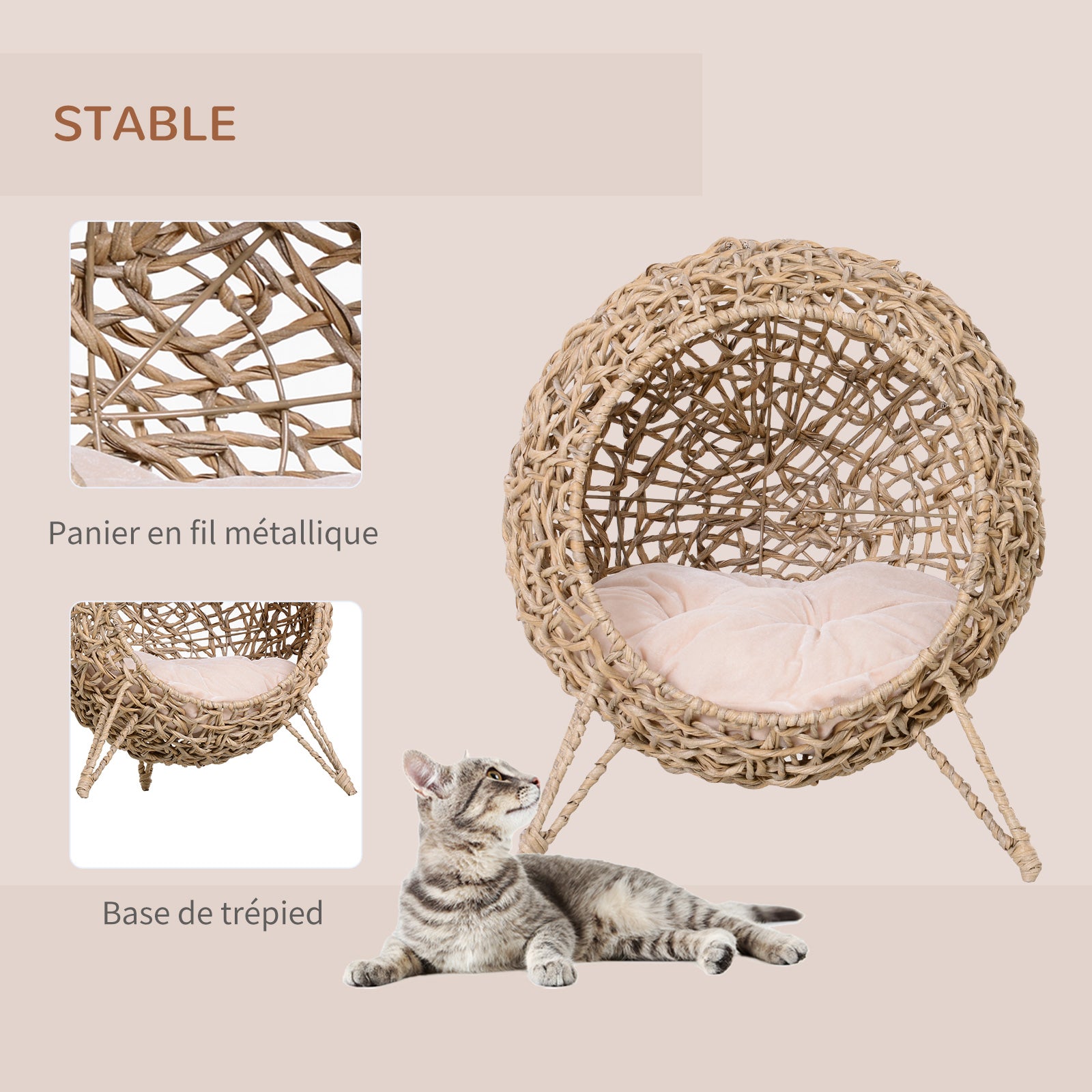 Panier chat lit surélevé chat cosy niche grotte grand confort dim. Ø 52 x 58H cm coussin moelleux inclus résine tressée imitation rotin beige