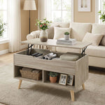 Mesa de centro elevable, mesa de salón con compartimento oculto y estantes abiertos, 75 x 40 x 58 cm, madera natural