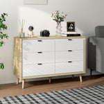 Commode 6 tiroirs, meuble de rangement à haute brillance, 5 pieds en bois, 110 x 40 x 75 cm, blanc et chêne