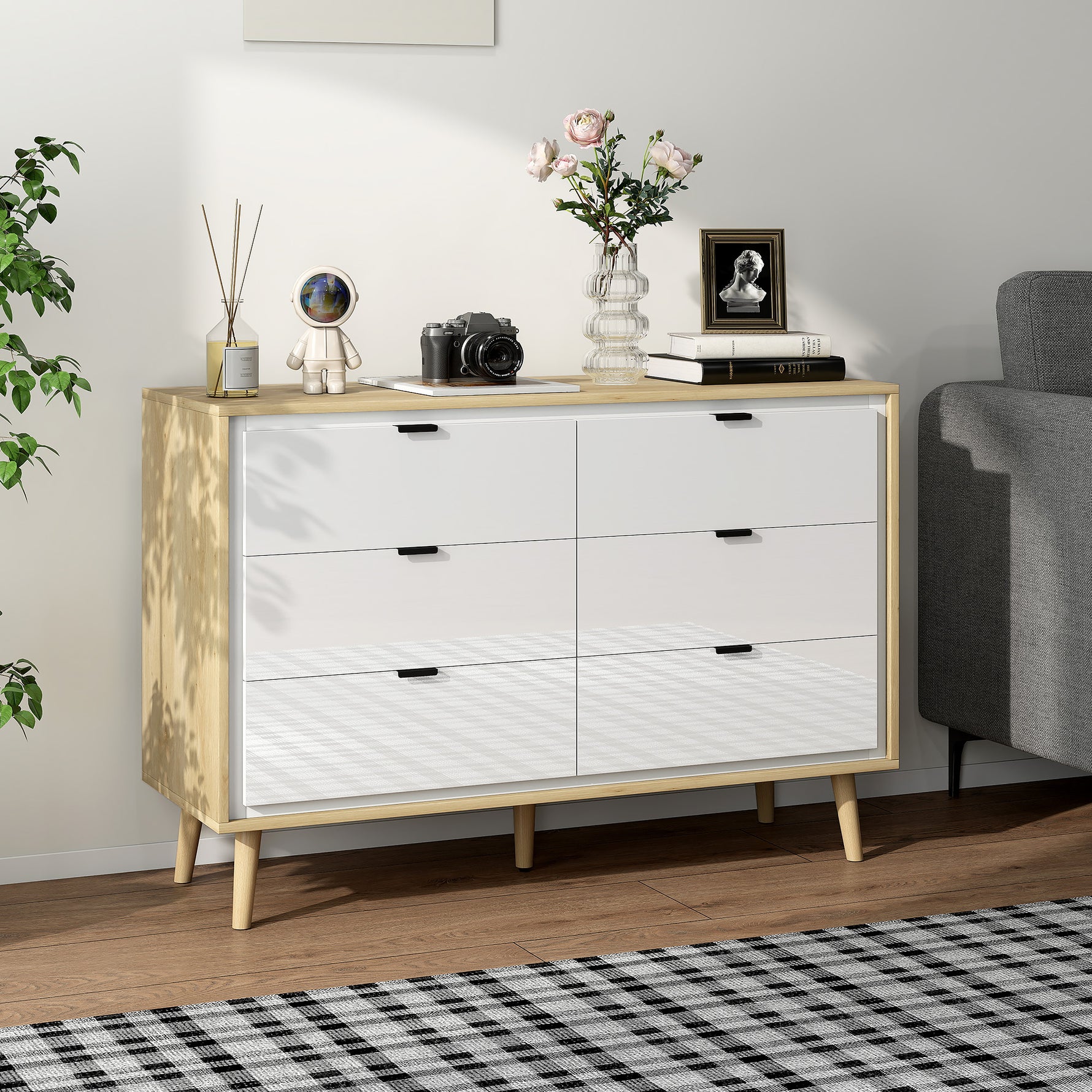 Commode 6 tiroirs, meuble de rangement à haute brillance, 5 pieds en bois, 110 x 40 x 75 cm, blanc et chêne