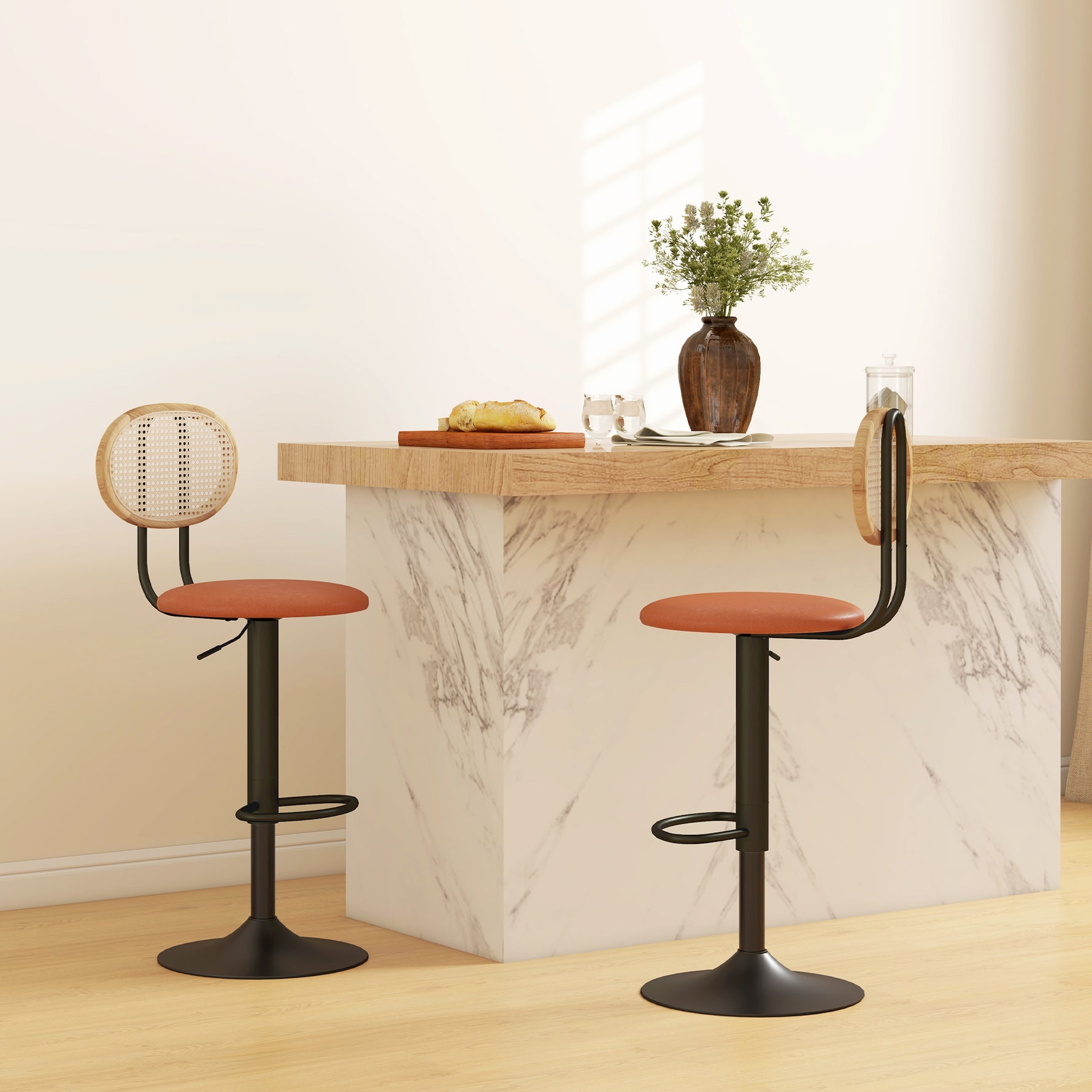 Lot de 2 tabourets de bar chaises de bar hauteur réglable avec dossier en rotin et repose-pieds, marron