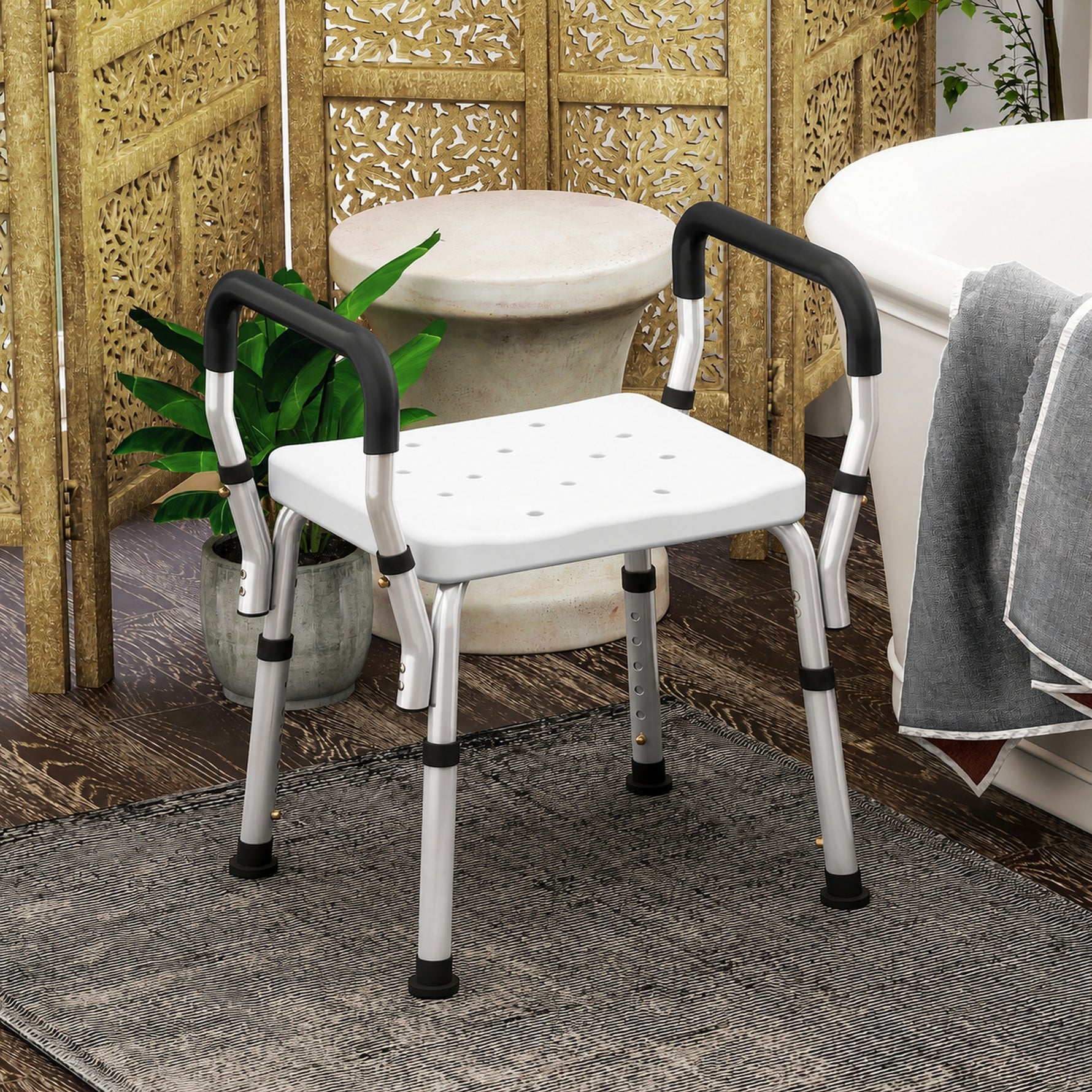 Tabouret de douche pour personnes âgées et handicapées avec accoudoirs, hauteur réglable, patins antidérapants, blanc