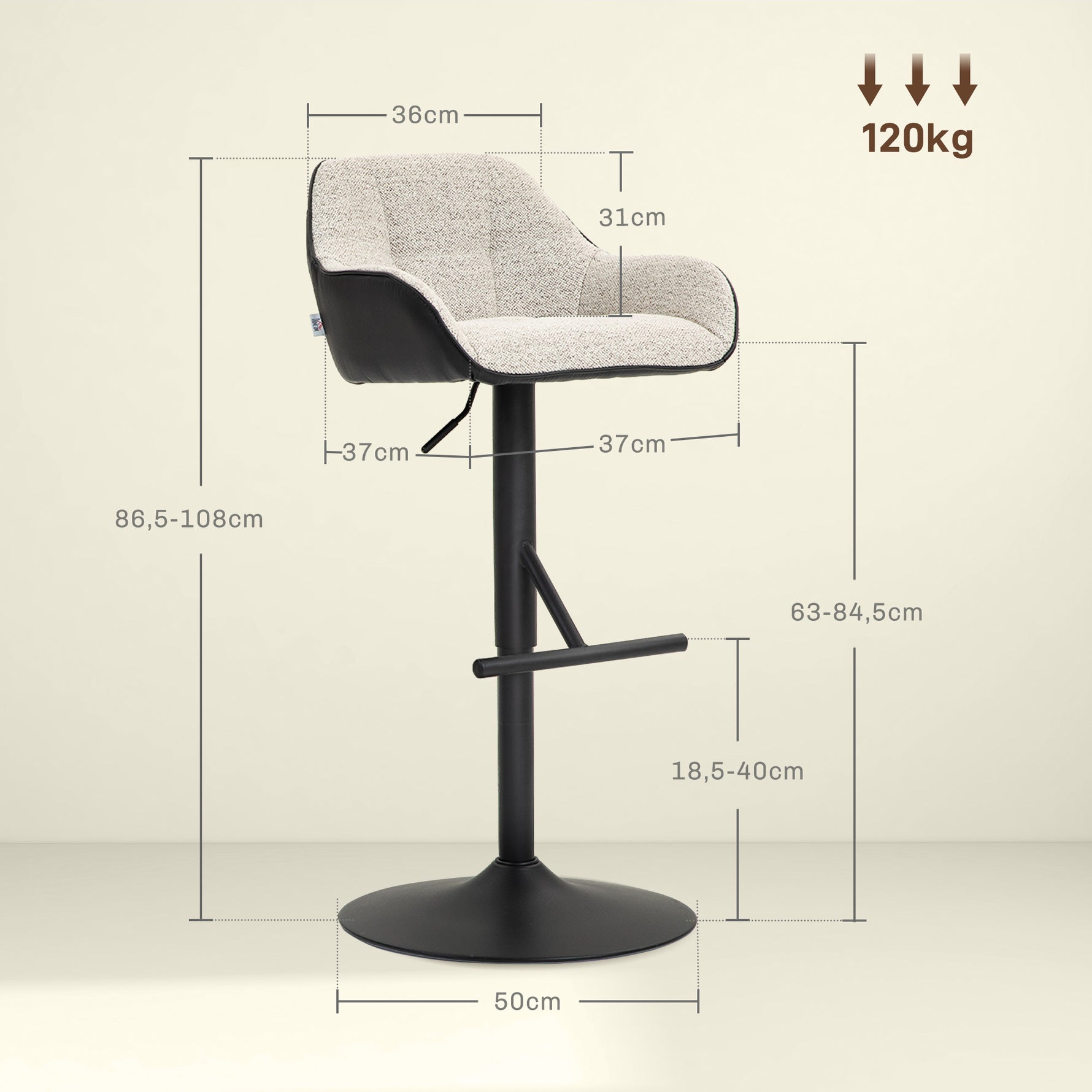 Lot de 2 tabourets de bar chaises de bar hauteur réglable tissu effet lin et base en acier 52,5 x 53 x 86,5-108 cm gris