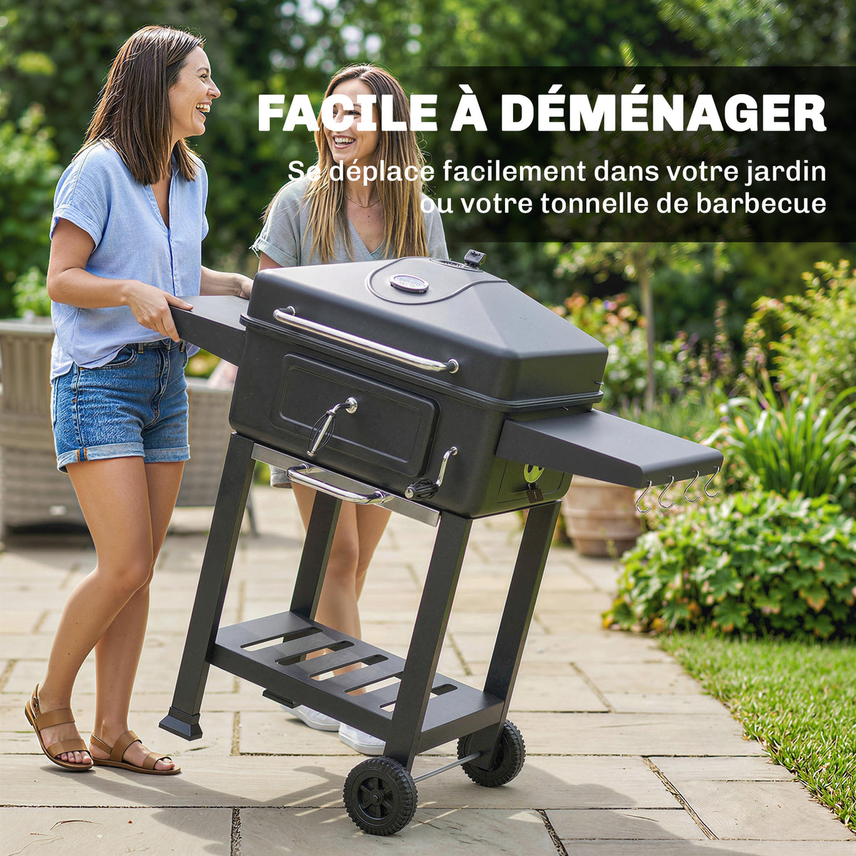 Barbecue Charbon de Bois Chariot Grill de Jardin avec Couvercle XXL Bac à Charbon et Évents Réglables 112cm Noir