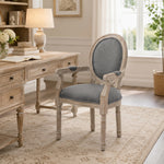 Chaise de Salle à Manger Chaise de Salon médaillon Style Louis XVI Bois Massif patiné sculpté Tissu Lin Gris