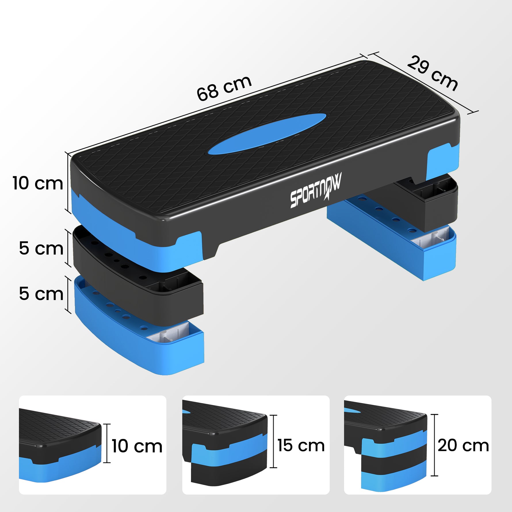 Stepper Fitness Aérobic 3 Niveaux, Hauteur Réglable 10/15/20 cm avec Rehausses, Surface Antidérapante, 68x29x20cm, Bleu