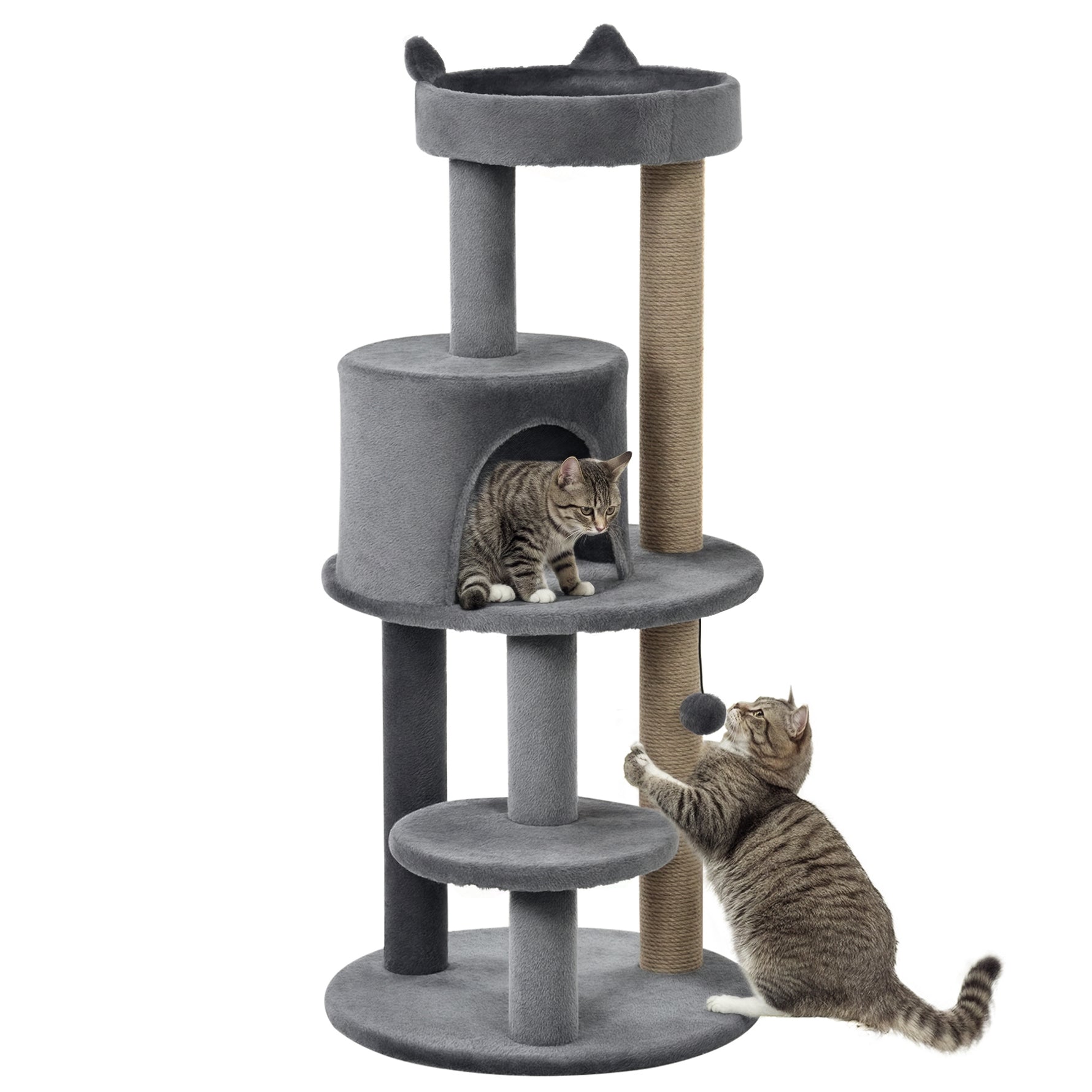 Arbre à chats multi-équipements griffoirs grattoirs plateformes niche jeu boule suspendue Ø 48 x 104H cm gris