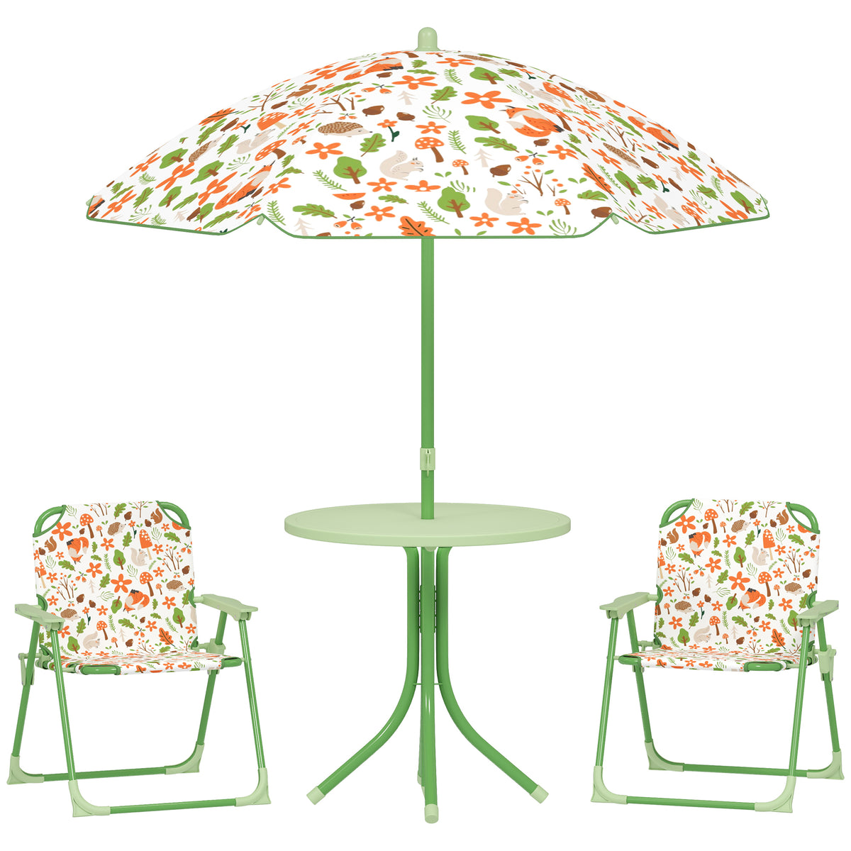 Ensemble salon de jardin extérieur enfant 4 pièces, motif éléphant et girafe, parasol réglable Ø 100 cm, chaise pliable