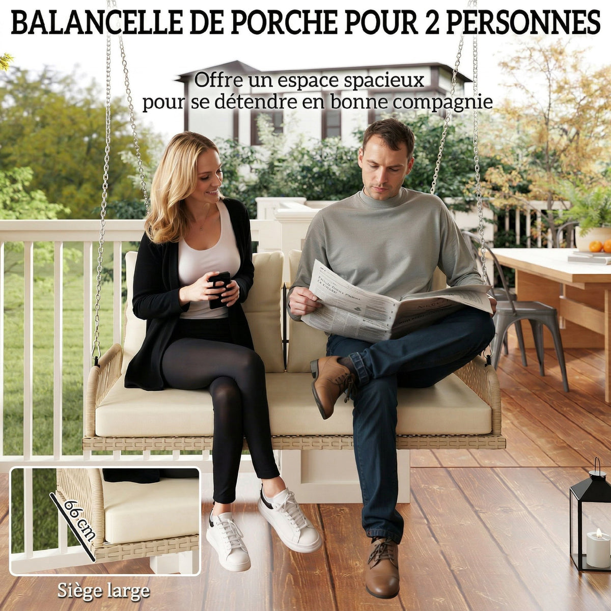 Banc Suspendu Extérieure 2 Places en Résine Tressée avec Coussins et Chaînes en Acier, 115x66x44cm, Beige