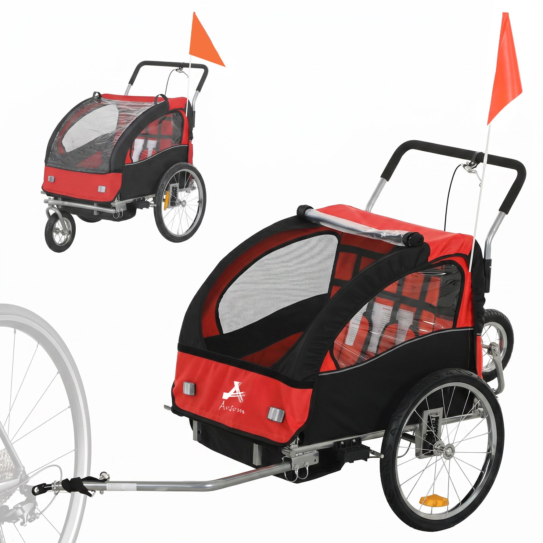 Remorque vélo enfant 2 en 1 avec ceinture de sécurité 5 points, réflecteurs, drapeau et rideau coupe-vent, rouge