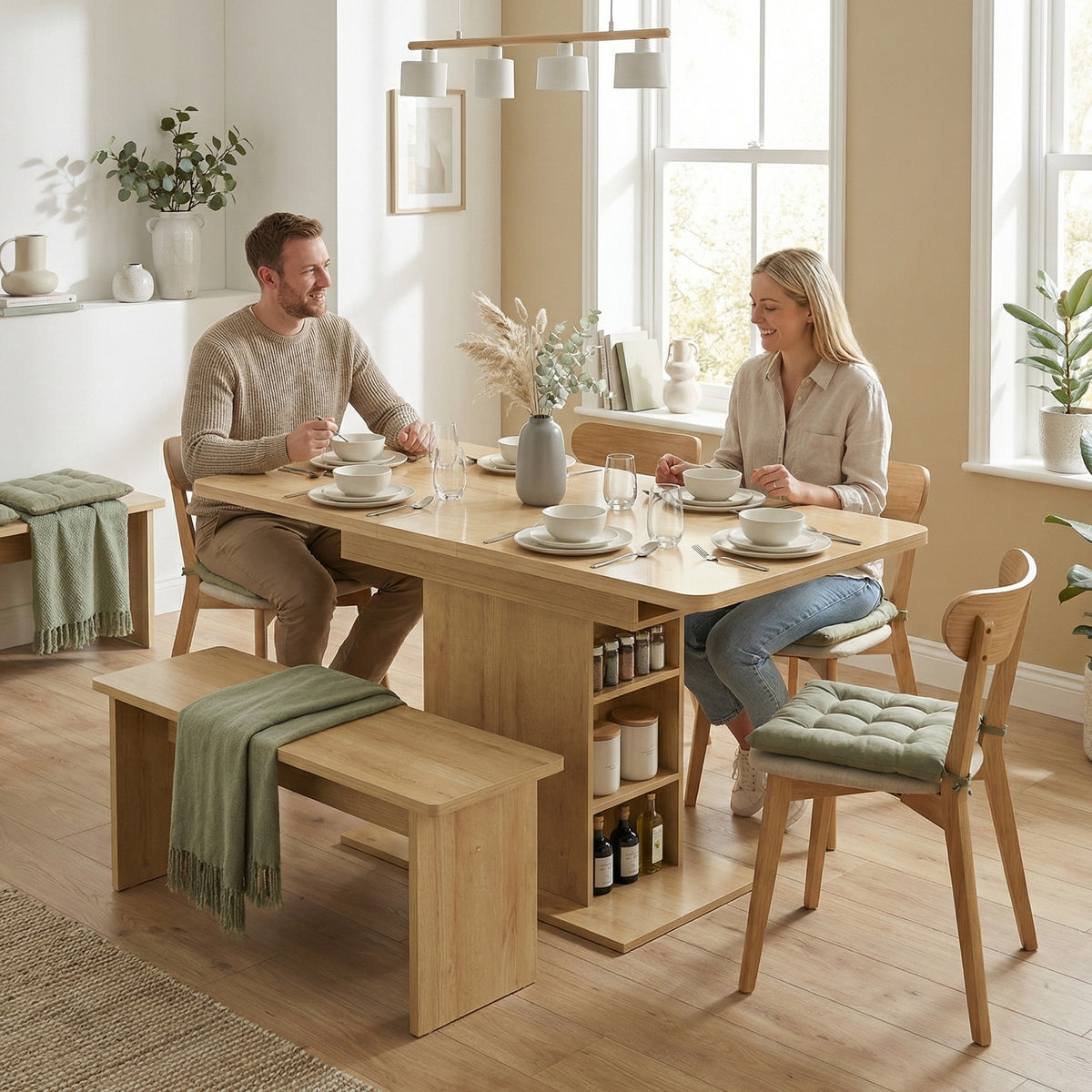 Mesa de comedor rectangular extensible para 4 a 6 personas, mesa de cocina de 110-130 cm, 6 estantes abiertos, madera natural