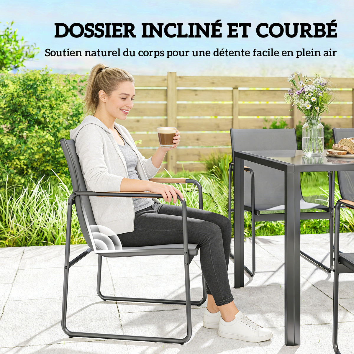 Ensemble de Salle à Manger d'Extérieur 7 Pièces pour 6 Personnes, Table en Verre et Chaises en Maille avec Accoudoirs Décoratifs, Gris