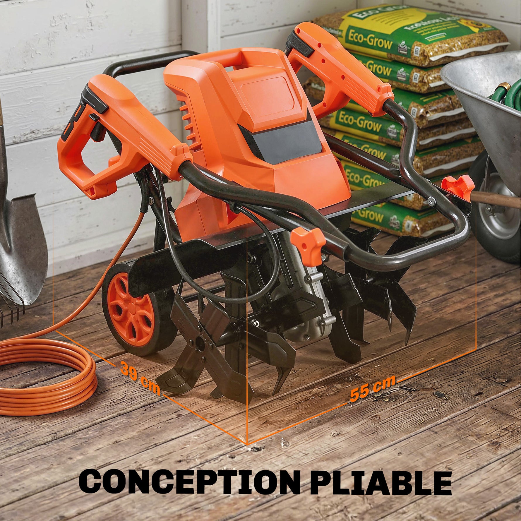 Motobineuse Électrique Motoculteur 1500W 6 Lames 65Mn Largeur 40cm Profondeur 20cm Pliable et Étanche IPX4 Orange